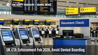 UK ETA enforcement February 2026 shown at Heathrow check in kiosks where missing approval can trigger denied boarding