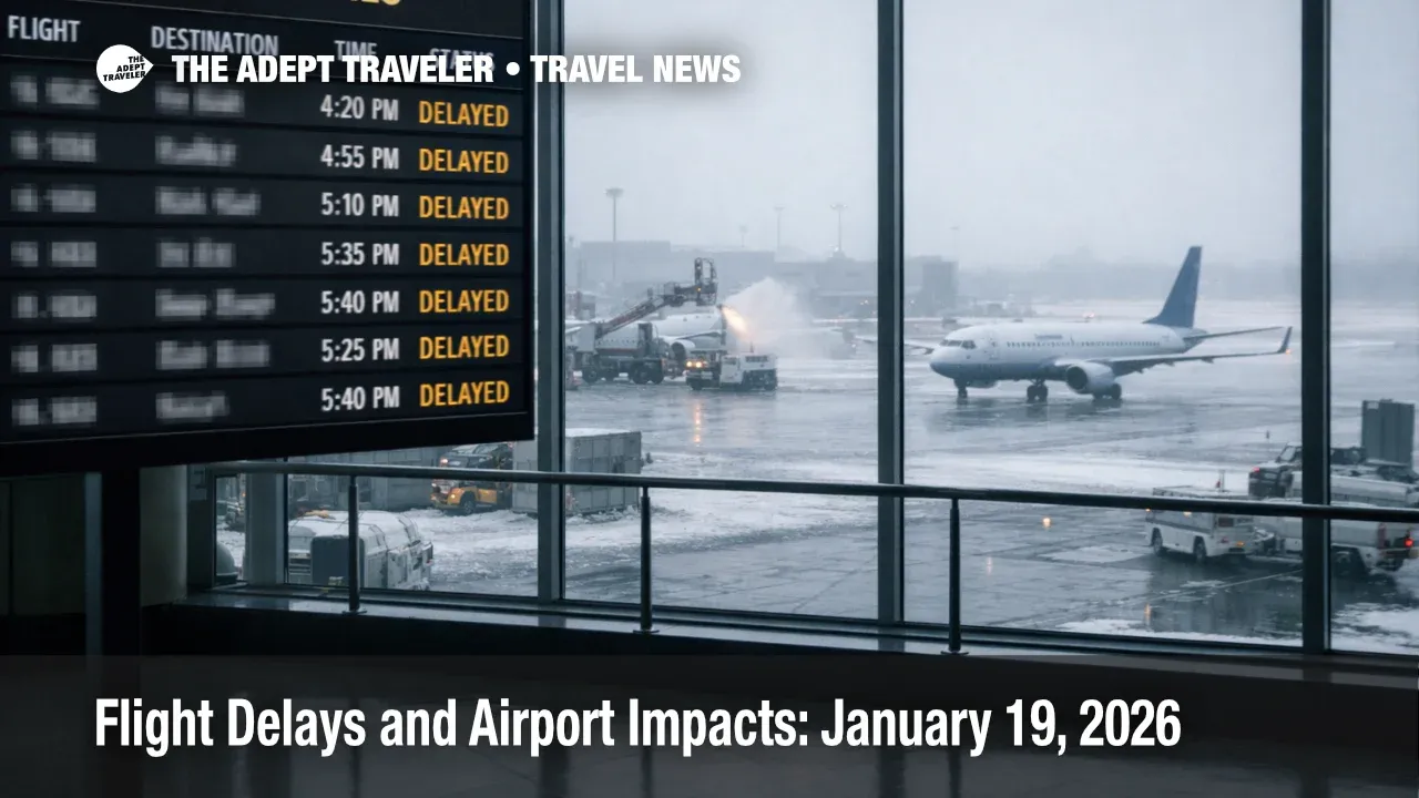  U.S. flight delays January 19 shown on a departures board with winter ramp haze and aircraft taxiing outside