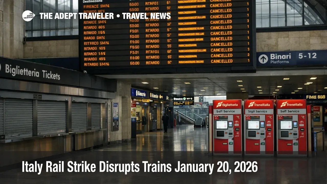  Italy rail strike January 20, 2026 at Roma Termini shows cancelled trains on a departures board