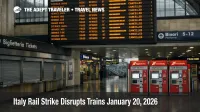 Italy rail strike January 20, 2026 at Roma Termini shows cancelled trains on a departures board