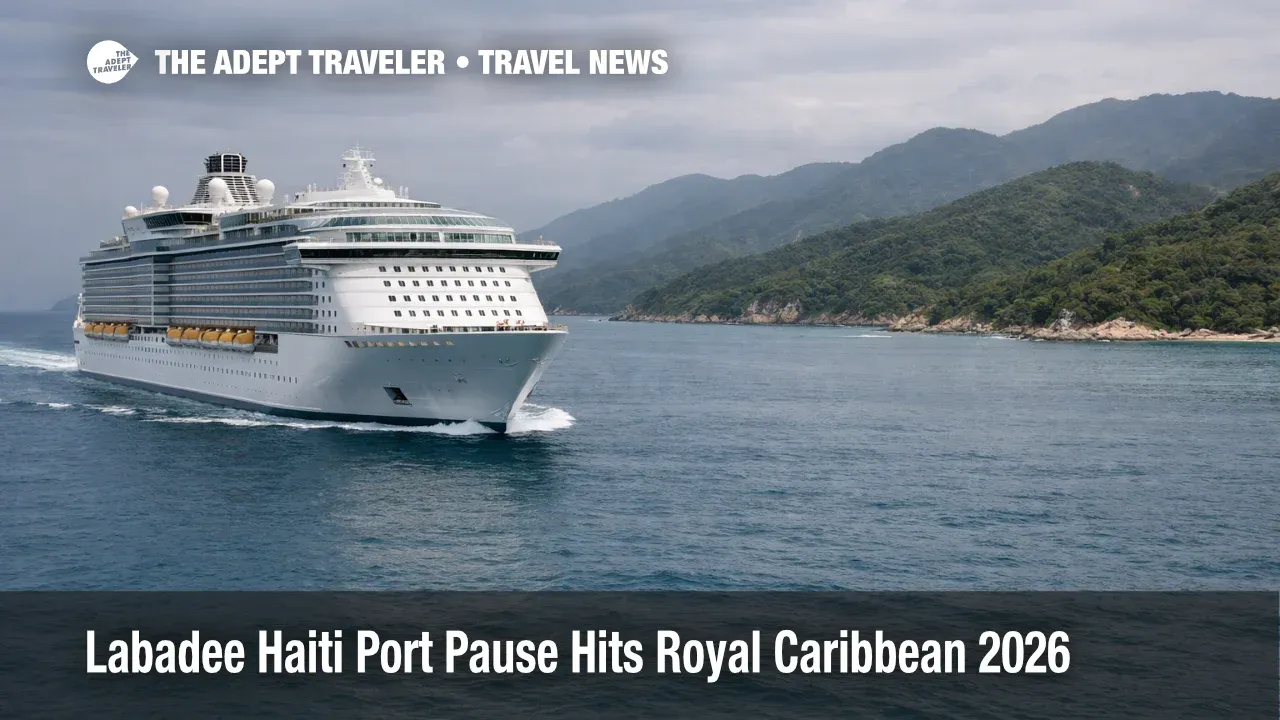  Labadee Haiti pause shows a Royal Caribbean ship sailing past the coastline, signaling 2026 port swaps and sea days