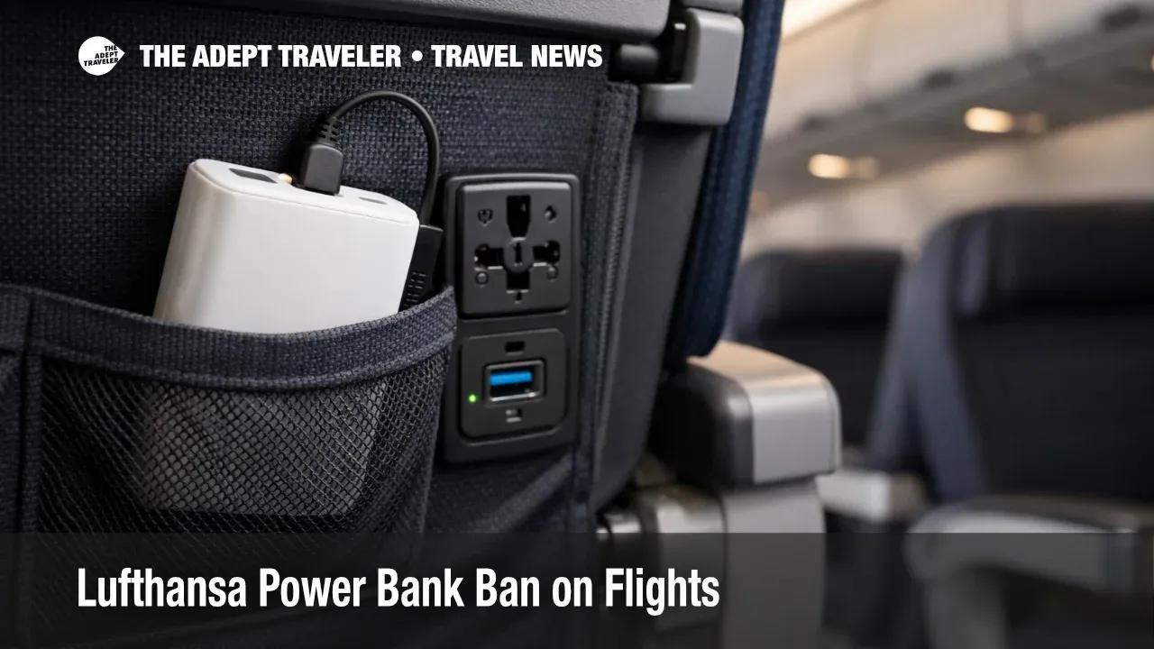  Power bank in an airplane seat pocket, illustrating the Lufthansa power bank ban and no in flight charging rule