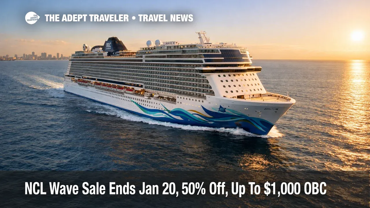 NCL Wave Sale ends Jan 20 as a Norwegian ship sails off Miami, signaling a limited time 50% off plus OBC deal