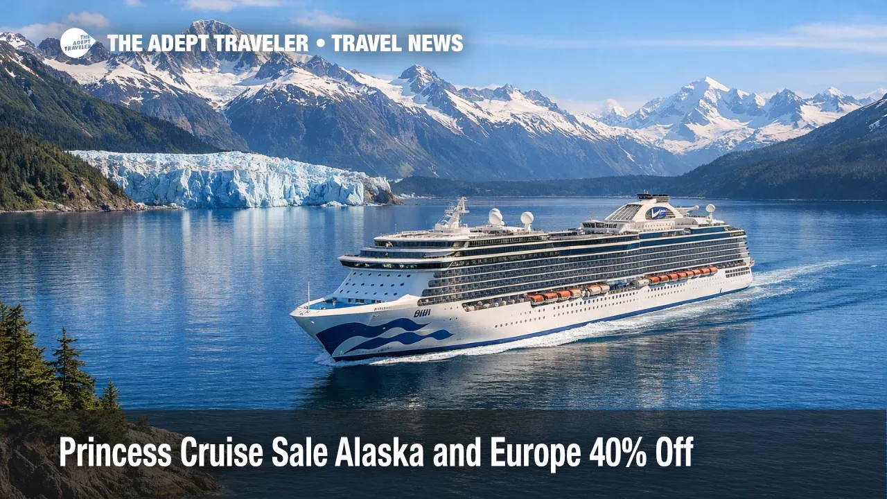 Princess Come Aboard Sale Alaska cruises, ship sailing past glaciers, signaling limited time fare savings
