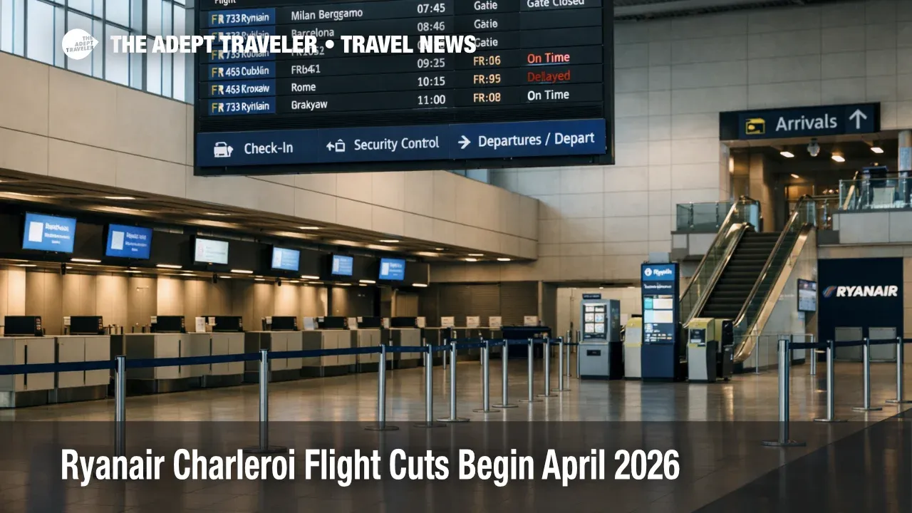  Ryanair Charleroi flight cuts shown by a quieter departures hall and fewer flights on the board at Brussels South Charleroi Airport