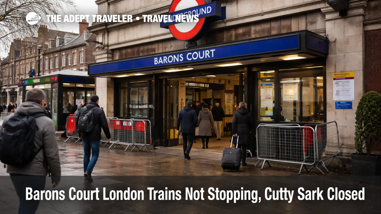 Barons Court station closures in London, travelers reroute from the entrance as trains skip stops during works