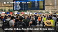 Brisbane Airport international terminal evacuation delays shown by queues and a departures board in the Level 4 hall