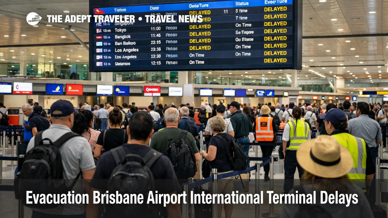 Brisbane Airport international terminal evacuation delays shown by queues and a departures board in the Level 4 hall