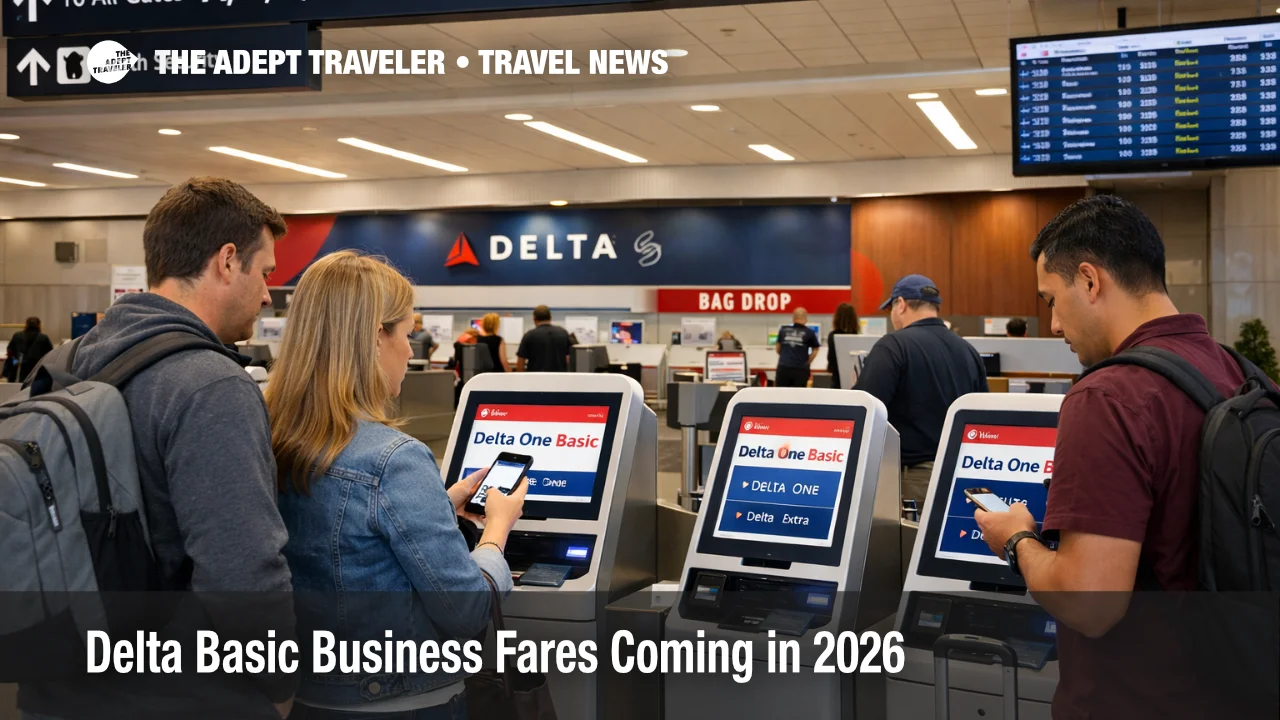 Delta basic business fares shown at Atlanta check in kiosks as travelers compare premium perks and restrictions