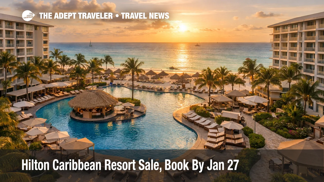Hilton Stay Longer Paradise deal visualized by a beachfront Aruba resort, highlighting savings for longer stays