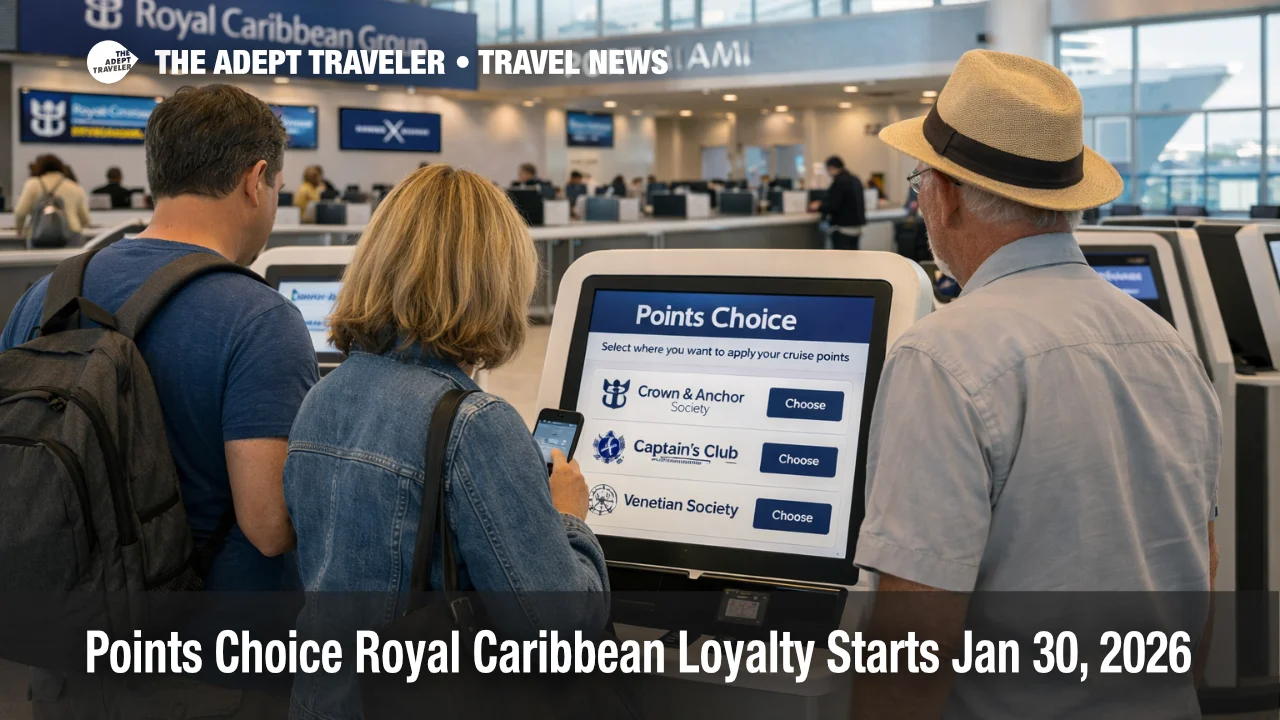 Royal Caribbean Points Choice loyalty shown at cruise terminal kiosks as guests choose where points post