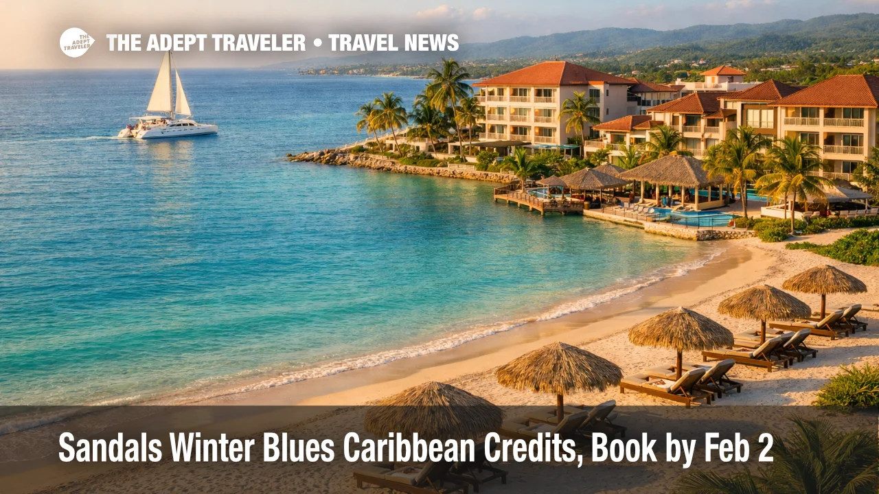 Sandals Winter Blues Caribbean credits, Montego Bay resort scene with catamaran offshore signaling perk windows and savings