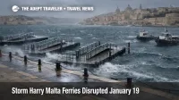 Storm Harry Malta ferries, rough seas in Valletta Grand Harbour leave ferry pontoons empty and crossings suspended