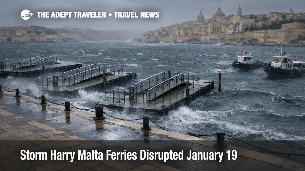 Storm Harry Malta ferries, rough seas in Valletta Grand Harbour leave ferry pontoons empty and crossings suspended