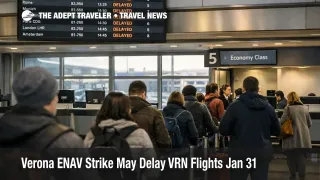 Verona ENAV strike Jan 31 shown on VRN departures board with delayed flights and a short check in queue