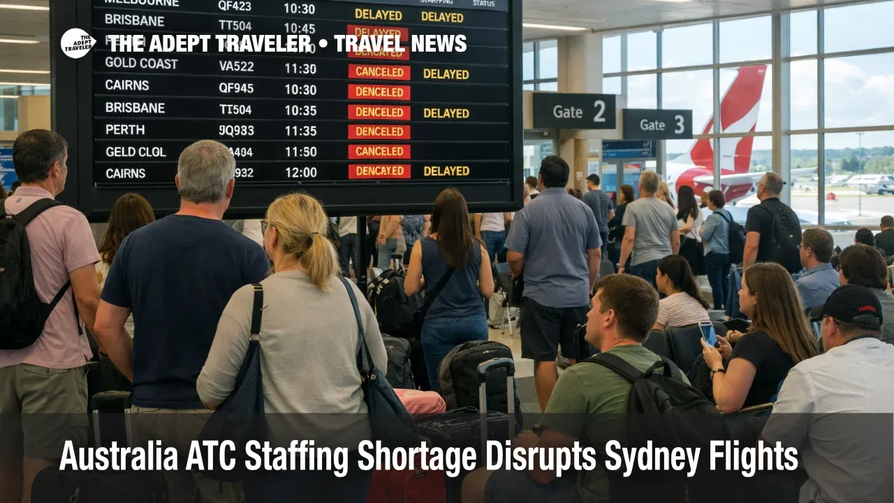 Passengers check departures board at Sydney Airport as Australia ATC staffing shortage causes flight cancellations and delays