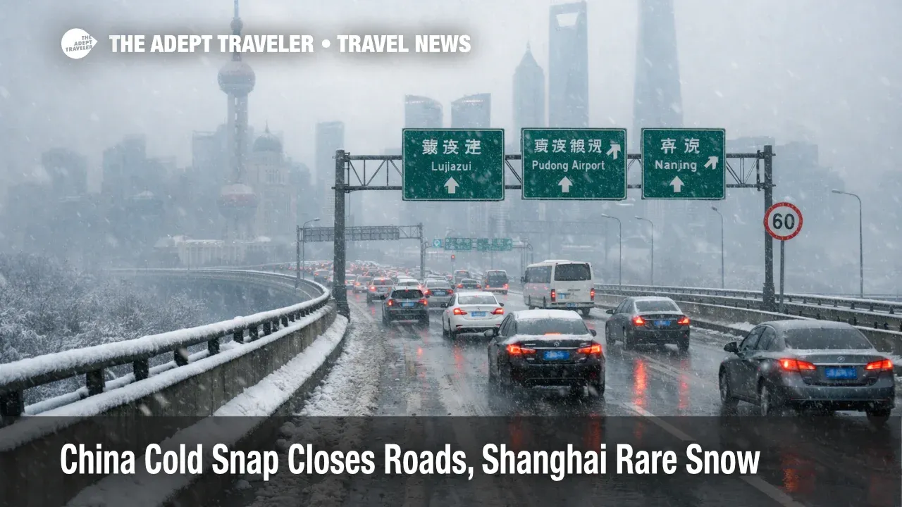  Shanghai rare snow slows expressway traffic as China cold snap road closures disrupt airport transfers and buses