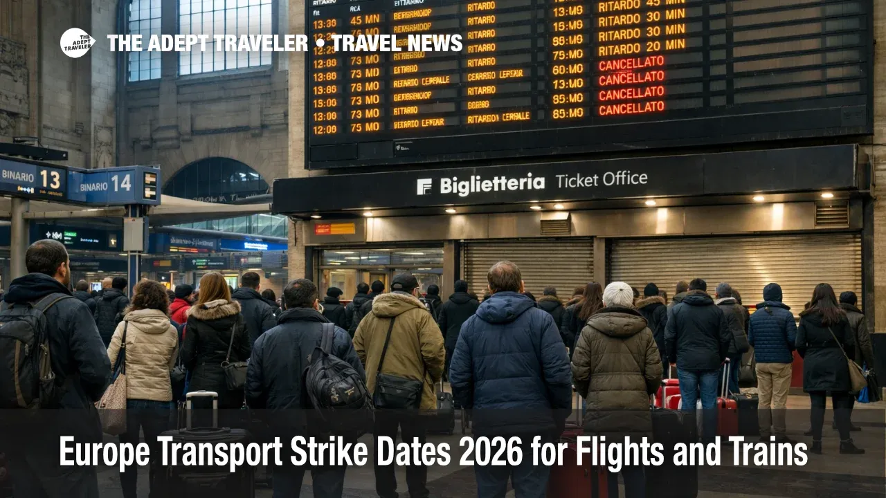 Europe transport strike dates shown by delays on a departures board inside Milan's main rail station with travelers waiting