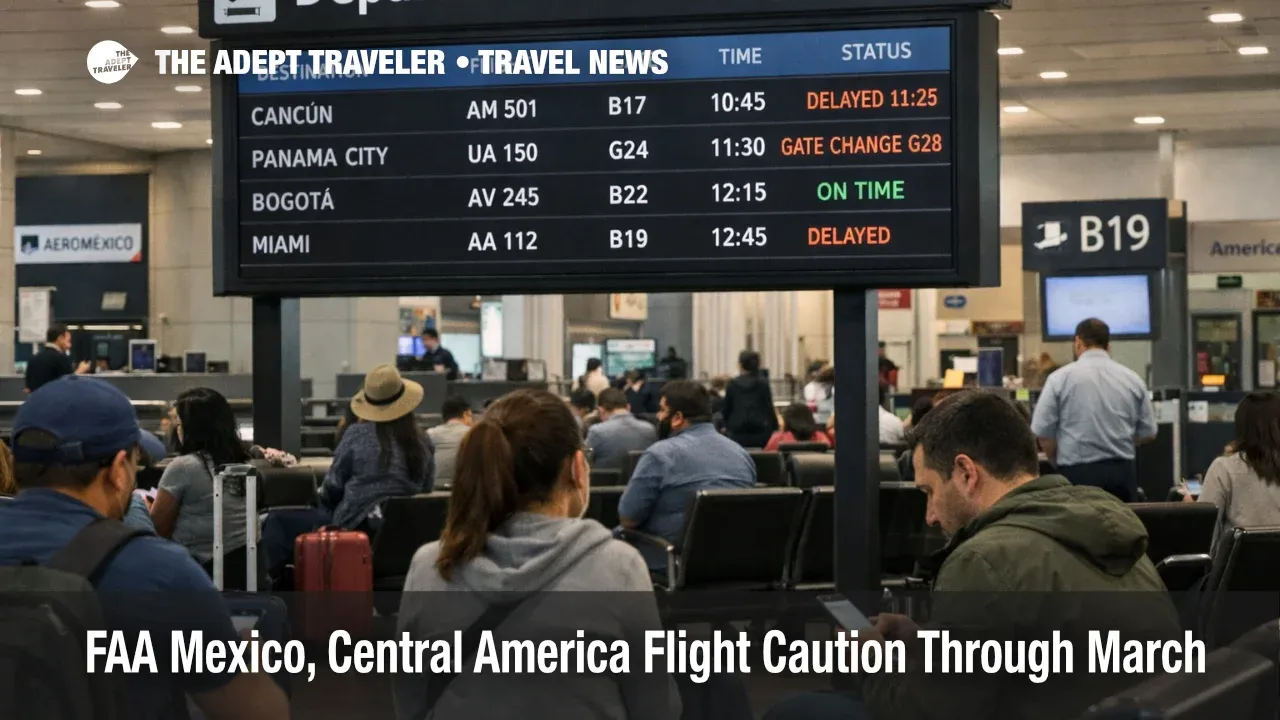 FAA Mexico Central America caution shown on a departures board at Mexico City airport as travelers add connection buffer