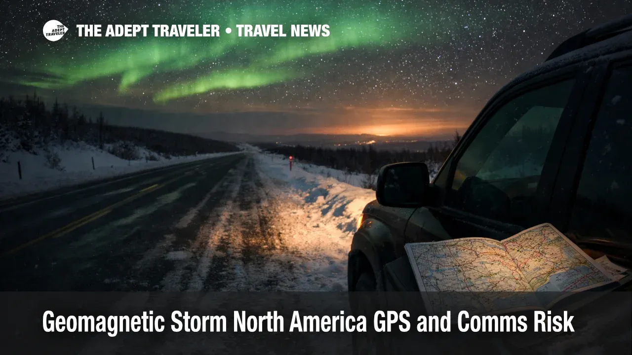 Geomagnetic storm GPS North America risk, remote highway aurora night, offline map backup for navigation issues