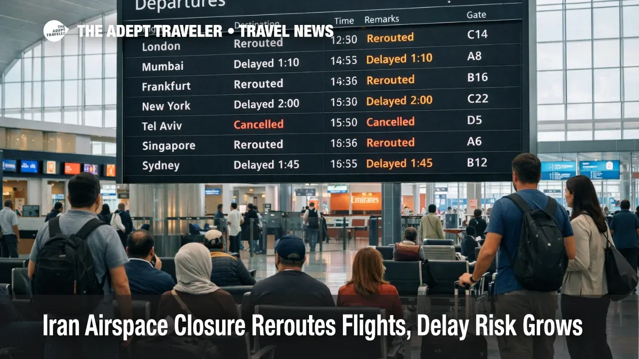 Iran airspace closure reroutes shown on Dubai departures board as long haul travelers face delays and misconnects