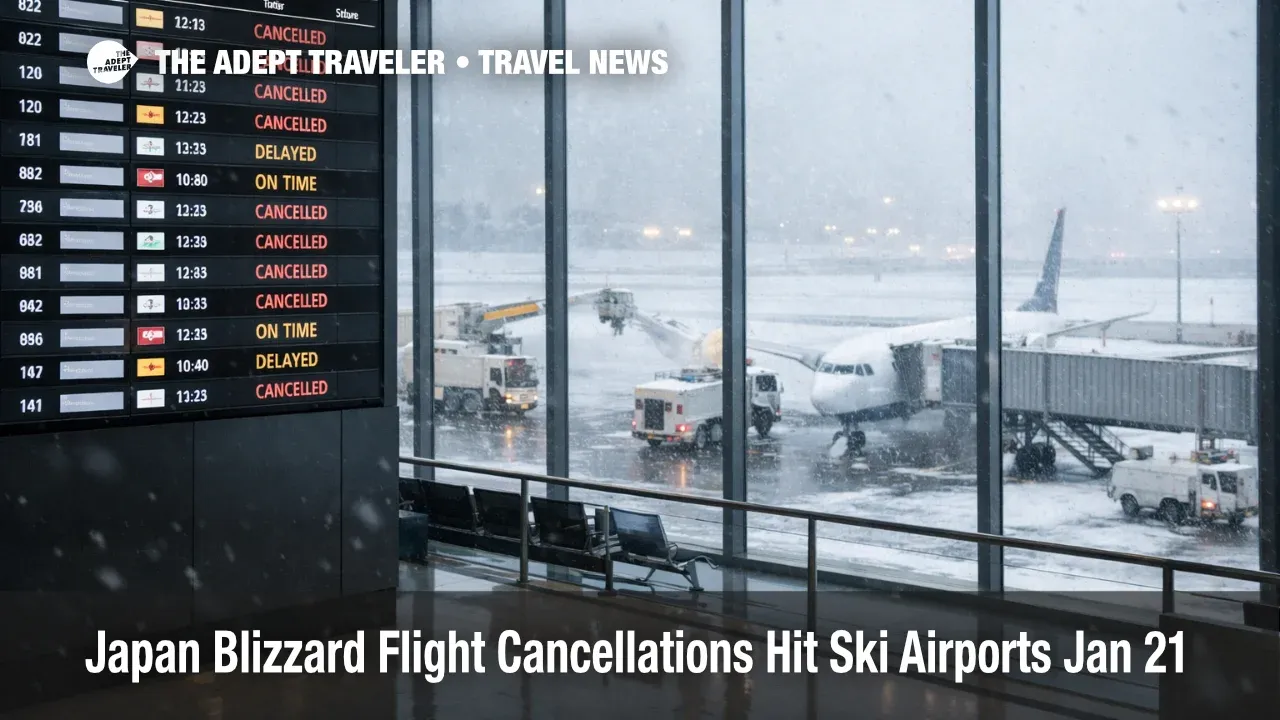 Japan blizzard flight cancellations shown on a New Chitose departures board as snow and deicing slow ski gateways