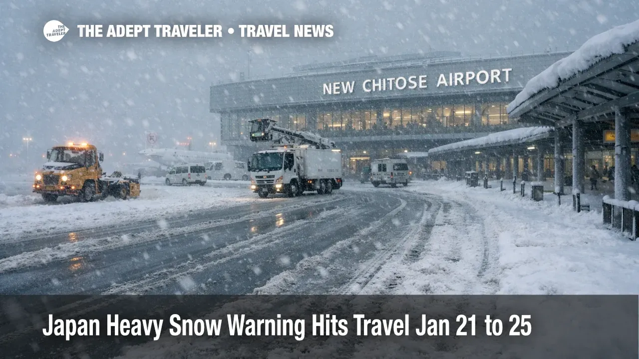 Japan heavy snow travel warning shown at New Chitose Airport as snowfall slows ground access and flights
