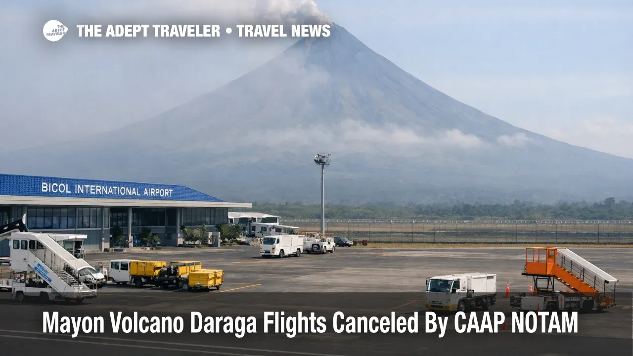Mayon volcano Daraga flights canceled as DRP air access tightens, showing Bicol airport apron with Mayon hazy in the distance