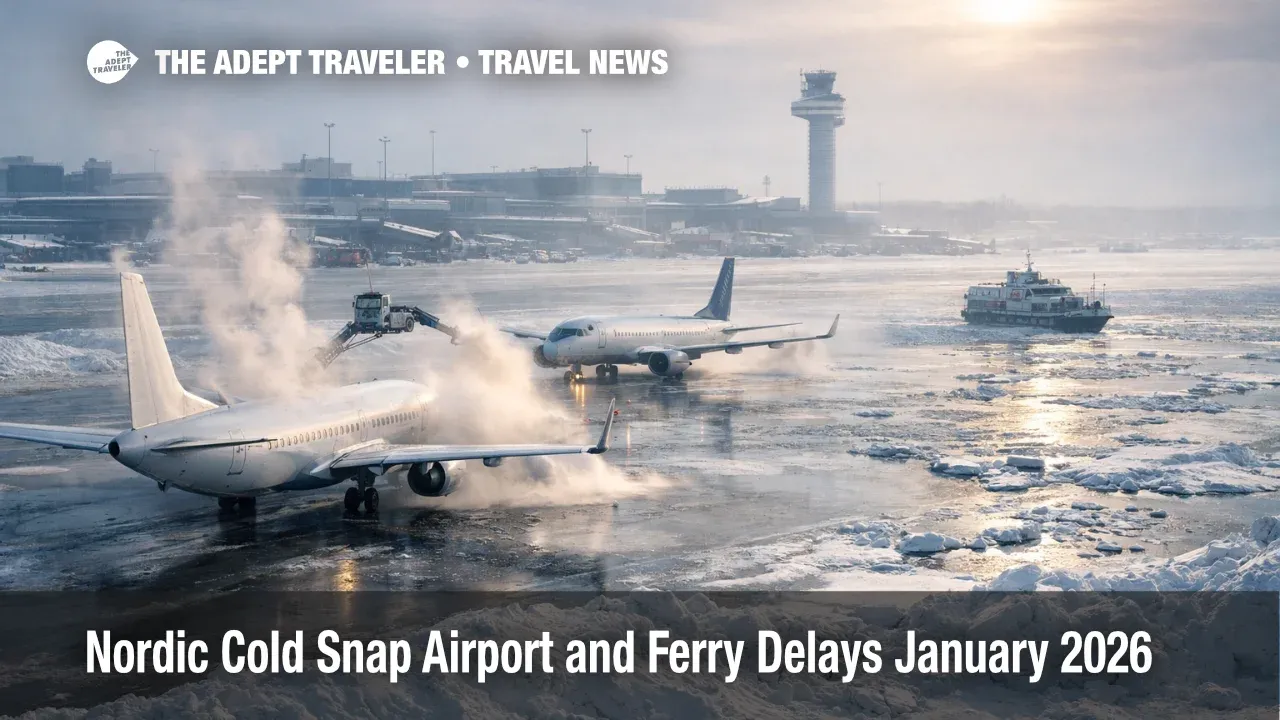 Nordic cold snap airport delays shown by jets queuing for de icing at Stockholm Arlanda during extreme winter cold