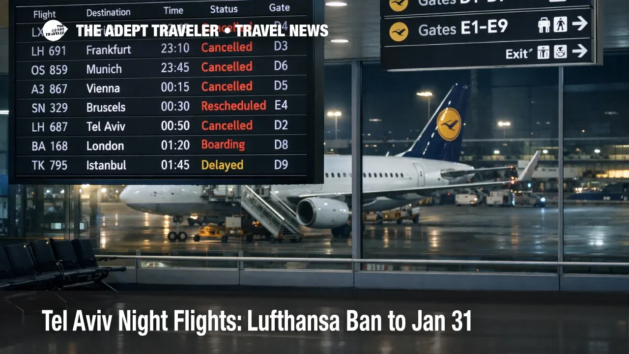 Lufthansa Tel Aviv night flight ban shown on a Ben Gurion departures board, with late flights canceled and fewer options