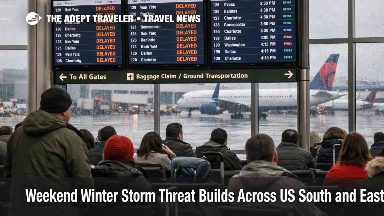 Traveler watches departure board at Atlanta airport as weekend winter storm threatens South and East Coast flight delays
