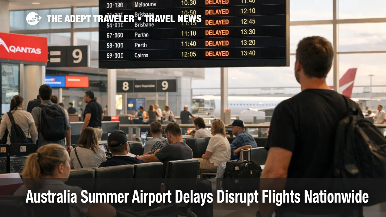 Traveler checks departures board at Sydney Airport as Australia summer airport delays disrupt domestic and international connections