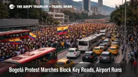 Bogotá protest traffic slows central roads, with queued taxis and buses near Plaza de Bolívar during airport transfer hours