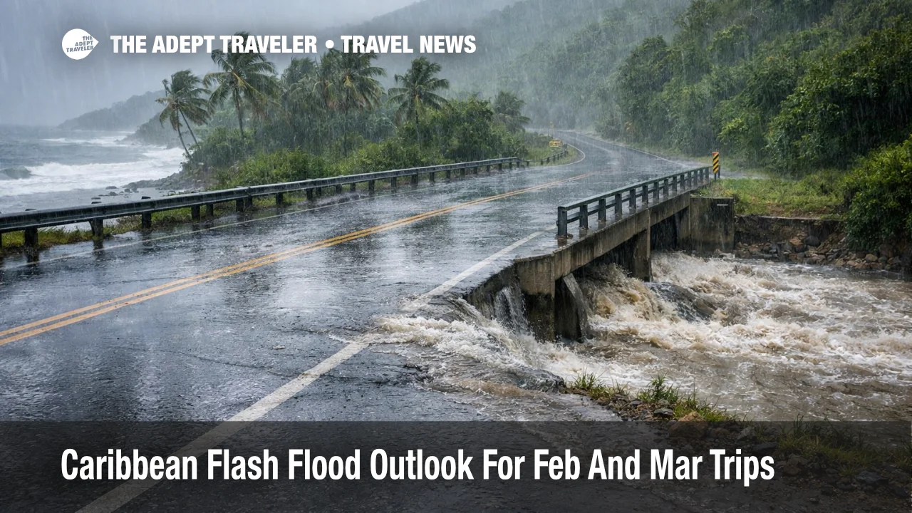 Caribbean flash flood outlook, heavy rain floods a coastal road and low bridge, showing why transfers need extra buffer