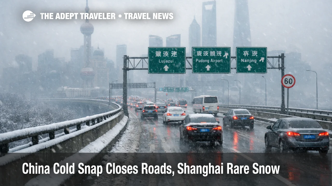 Shanghai rare snow slows expressway traffic as China cold snap road closures disrupt airport transfers and buses
