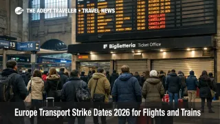 Europe transport strike dates shown by delays on a departures board inside Milan's main rail station with travelers waiting