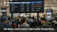 FAA Mexico Central America caution shown on a departures board at Mexico City airport as travelers add connection buffer