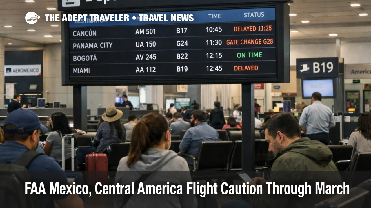 FAA Mexico Central America caution shown on a departures board at Mexico City airport as travelers add connection buffer