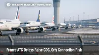 France air traffic control delays, aircraft queue at Paris CDG taxiway with tower, signaling higher missed connection risk