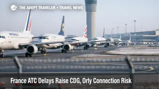 France air traffic control delays, aircraft queue at Paris CDG taxiway with tower, signaling higher missed connection risk