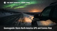 Geomagnetic storm GPS North America risk, remote highway aurora night, offline map backup for navigation issues