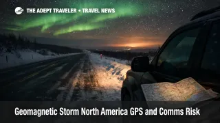 Geomagnetic storm GPS North America risk, remote highway aurora night, offline map backup for navigation issues