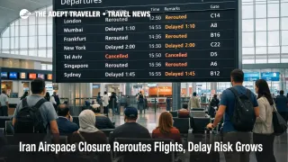 Iran airspace closure reroutes shown on Dubai departures board as long haul travelers face delays and misconnects