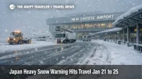 Japan heavy snow travel warning shown at New Chitose Airport as snowfall slows ground access and flights