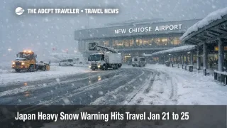Japan heavy snow travel warning shown at New Chitose Airport as snowfall slows ground access and flights