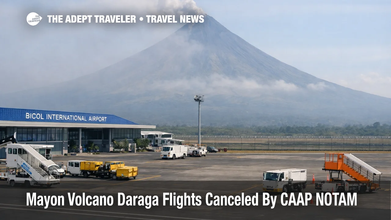 Mayon volcano Daraga flights canceled as DRP air access tightens, showing Bicol airport apron with Mayon hazy in the distance