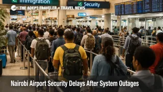 Nairobi airport security delays show long immigration queues at JKIA, raising misconnect risk for safari and regional flights
