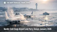 Nordic cold snap airport delays shown by jets queuing for de icing at Stockholm Arlanda during extreme winter cold