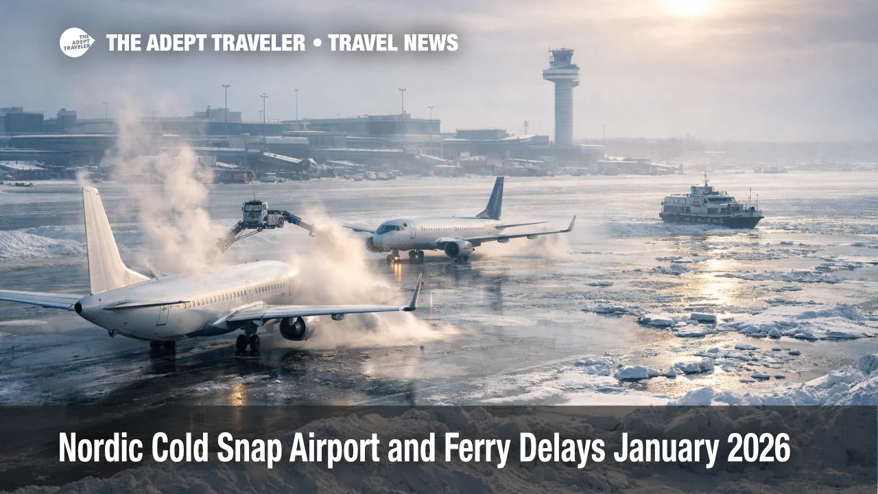 Nordic cold snap airport delays shown by jets queuing for de icing at Stockholm Arlanda during extreme winter cold