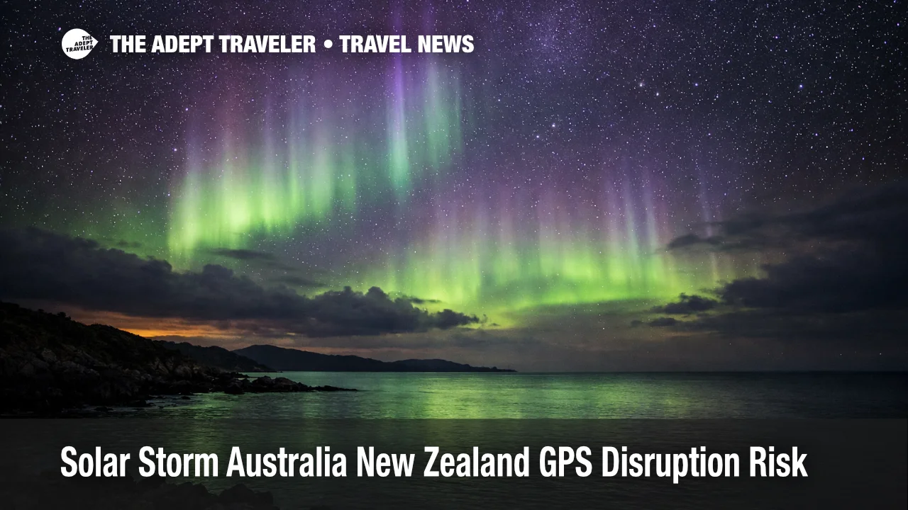 Aurora australis over Australia during a solar storm that may disrupt GPS signals for flights, ferries, and tour transport
